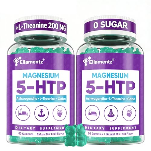 ELLAMENTZ 5HTP Gummies + GABA - Melatonin Free -Magnesium Glycinate Ashwagandha L-Theanine L-Tryptophan & Vitamin D3 | Relaxation & Calm Gummies | Nighttime Support for Adults 2 Pack