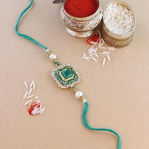 I Jewels Pearl & Kundan Designer Bhaiya Rakhi With Roli Chawal for Brother/Bro/Men with Rakshabandhan Card4