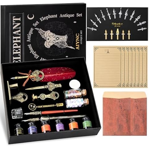 AIYNC Quill Pen Ink Set with Quill Pen,Glass Pen,Wood Dipping Pen and 6 Ink Bottles,8 Letterheads and 2 Envelopes,17 Replacement Nibs,Pen Holder,2 Wax Beads,Stamp,White Wax, Spoon,Cup,etc.(Red Cover