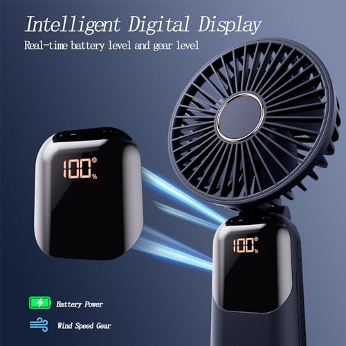 Image of GOCKERA Portable Fan, 4200mAh Battery Operated Fan, 5 Speeds&Digital Display, Makeup Fans for Women with Base, 180Foldable 3in1 Handheld /Neck /Desk Fan for Outdoor Indoor,Ultra Quiet (Blue)