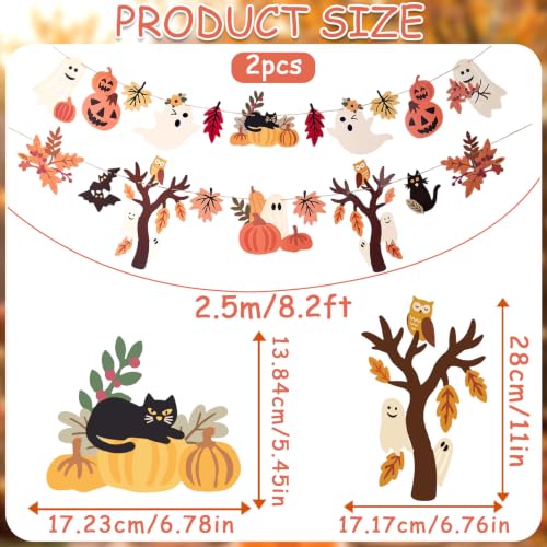 Image of Halloween Fall Decorations - 2PCS Cute Little Ghost and Pumpkin Maple Leaves Paper Banner Bunting