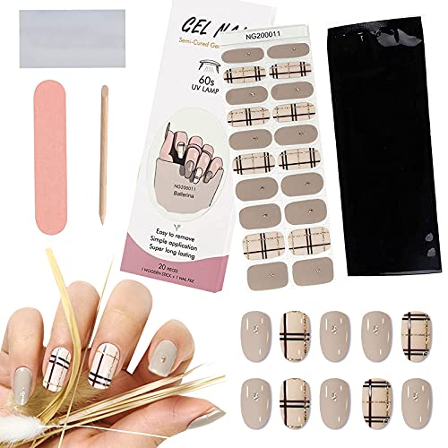 MRTREUP Semi Cured Gel Nail Polish Strips, 20PCS Adhesive Full Wrap Gel Nail Art Sticker with Nail File and Stick（Lamp Required), Waterproof Gel Nail Wrap Stickers Sets for Yourself, Sisters, Mothers