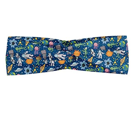 ABAKUHAUS Diadame Espacio, Banda Elástica y Suave para Mujer para Deportes y Uso Diario Ufo Aliens y astronauta humano Patronaje Amigos caricatura infantil Galaxy, Multicolor