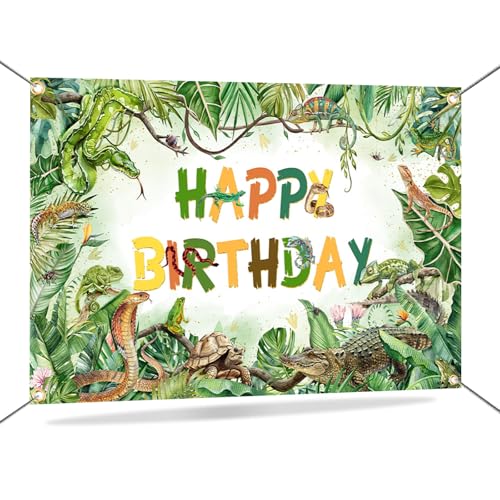 Mocsicka Reptile Birthday Backdrop Lizard Snake Turtle Birthday Party Decorations Tropical Jungle Safari Animals Background for Kids Party Supplies 70.8 x 43.3 Inch (White)