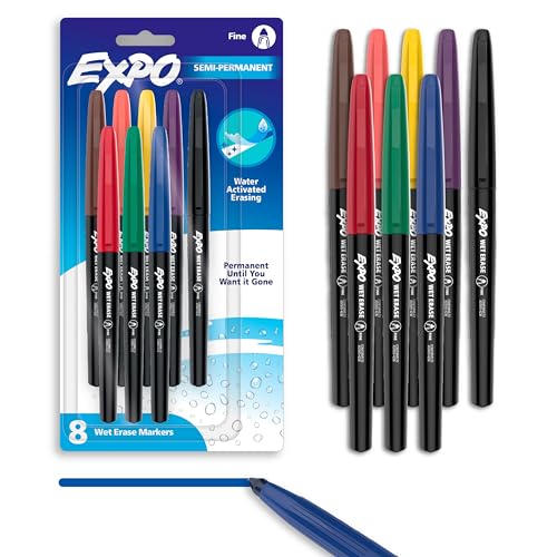 EXPO Wet Erase Markers, Semi-Permanent, Assorted Colors, Fine Tip, 8 Count - For Writing on Glass, Whiteboards, Mirrors, Calendar, Labeling, Organizing