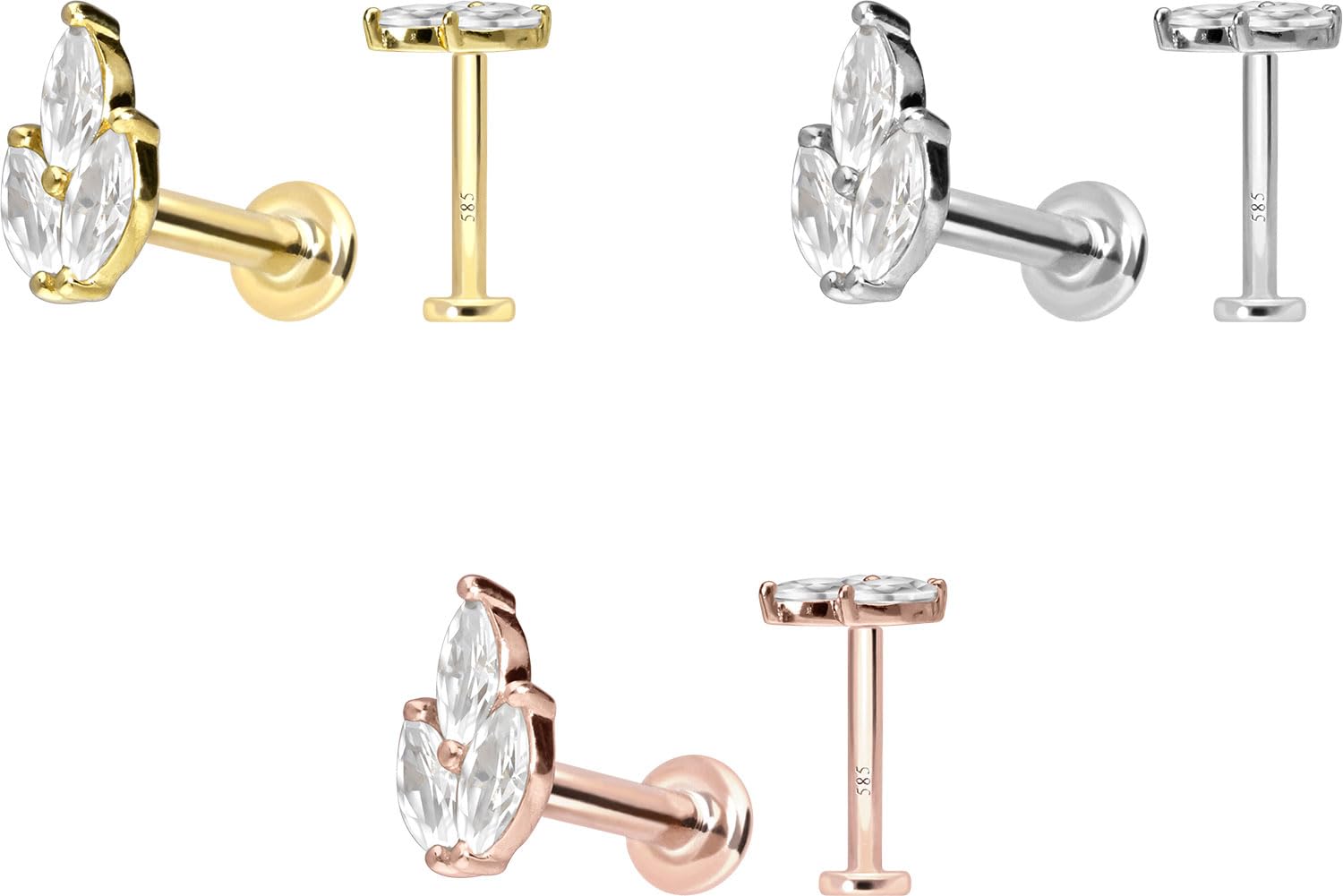 PIERCINGLINE Piercing Stecker 14 Gold Labret mit Push Fit MOISSANIT-LOTUSBLÜTE 585er Gold - Roségoldfarben, Goldfarben, Silberfarben