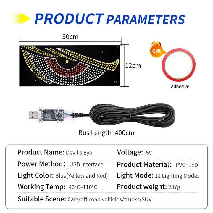 Image of AutoBizarre Devil Eyes LED lights For Car Windshield Led Panel With USB For Car Rear Window Universal for All Cars, Vans, Trucks, etc (Blue)