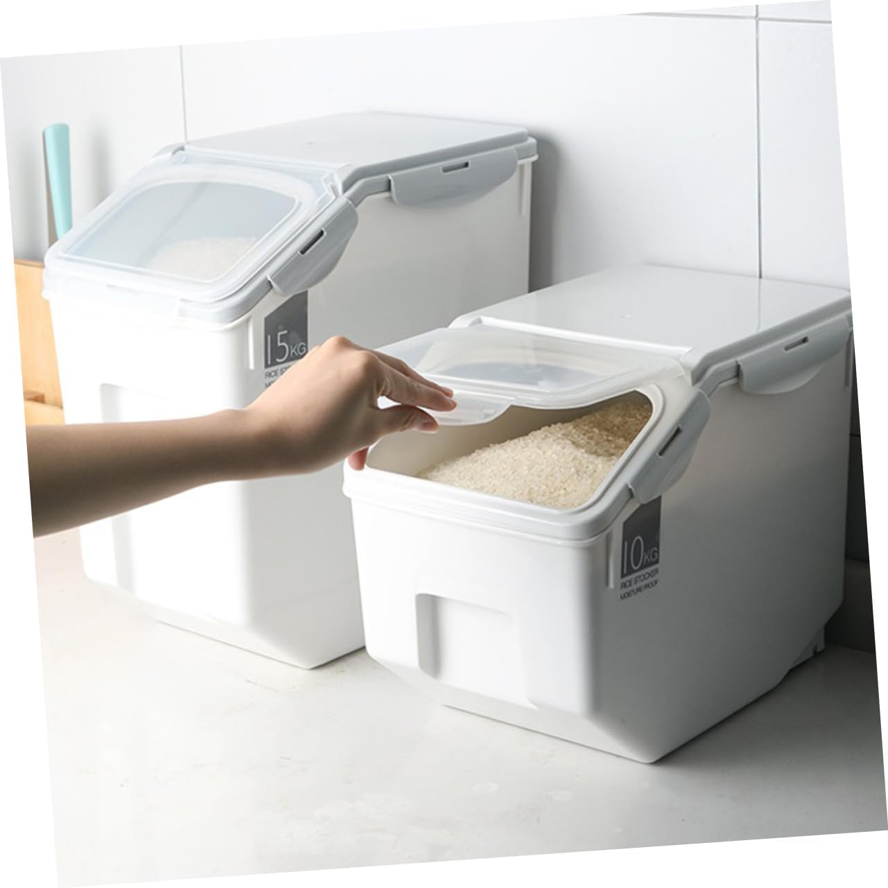 Cabilock Household Rice Storage Bucket Multi-functional Plastic Rice Cylinder Measuring Cup and Wheels Sealed Flour Organizer for Dry Food White