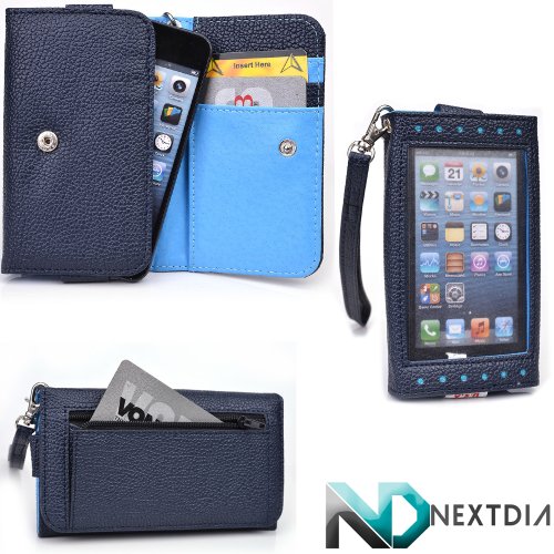 Women's Wallet for Smartphones - fits Pantech Perception (Navy Blue/Azure Blue) Exposed Screen for Easy Alert Acces + NextDia Cable Wrap