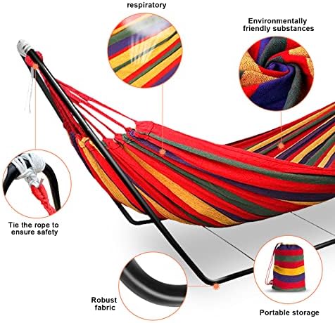 Hammock with Stand, Double Cotton Hammock with Spreader Bars, Space-Saving and Adjustable Steel Stand Perfect for Garden Camping Travel Backyard, including Portable Carrying bag and Easy Set up