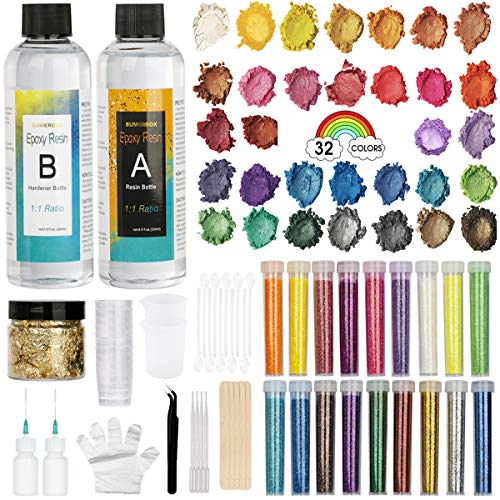 Clear-Cast-Epoxy-Resin-Kit, Cast Resin, Mica Powders, Measuring Cups, Tip Applicator Bottles, Gloves, Pipettes, Mixing Sticks, Clear Spoons