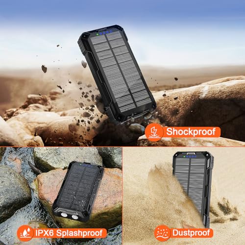 Image of WONGKUO Solar Charger Power Bank - 49800mAh Solar Phone Charger with USB-C in /Output, QC 3.0 Fast Charging with LED Flashlight, Built-in 4 Cables, IP65 Waterproof Fits for Outdoor (Black)
