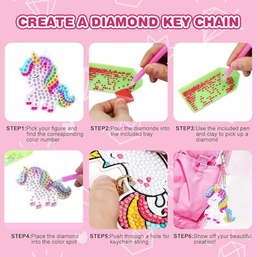 Image of PLUSPOINT Unicorn Diamond Painting Kit Gem Art Keychains, 5D Diamond Art Craft Kit for Kids, 15 PCs DIY Diamond Art Key Chains Creative Decorative Pendant Key Ring for Ages 5-12 Birthday Festival Gift
