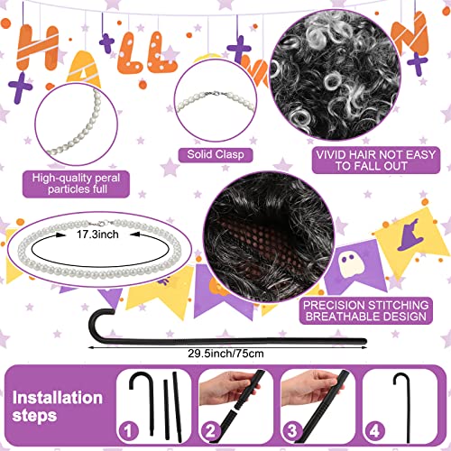 Berlune 7Pcs Old Lady Costume Old Grandma Costume For Kids Women Print Shawl Granny Wig Foldable Crutch Pearl Necklace(White And Black, White, Curly Style) #TOP1