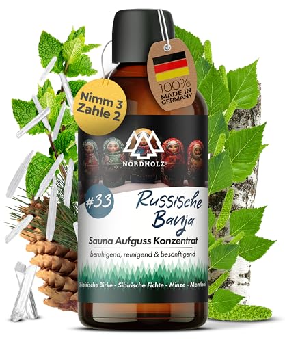 NORDHOLZ® Saunaaufguss [54 Sorten 15ml, 100ml, 250ml] - Sauna Aufgussmittel für intensive & erholsame - Sauna Zubehör (#33 Russische Banja, 100ml)