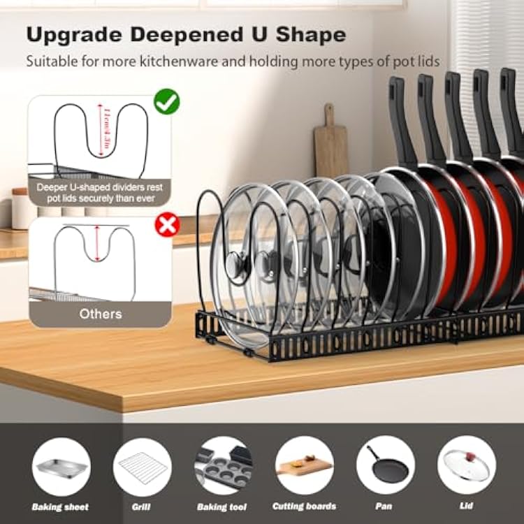 Housolution Pot and Pan Organizer Rack for Cabinet, Expandable Pot Lid Organizer Holder with 14 Adjustable Dividers, Fully Expanded Size 22.83 W x 7.09 D x 7.09 H, Black