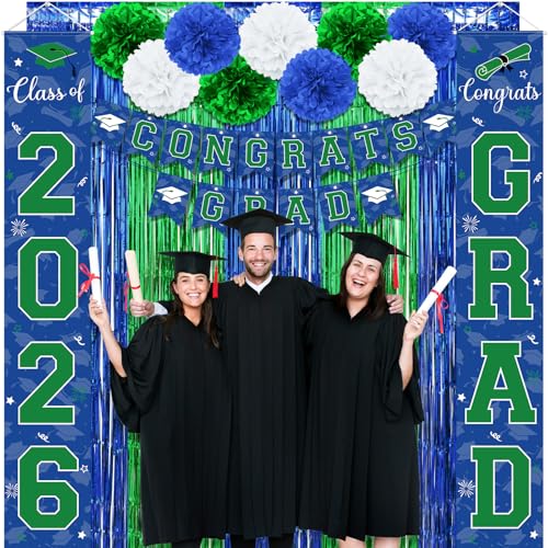 Image of Graduation Party Decorations Class of 2026, Graduation Decorations with Congrats Grad Banner Fringe Foil Curtain Paper Flower Ball Balloons for High School College Grad Party Supplies, Blue Green