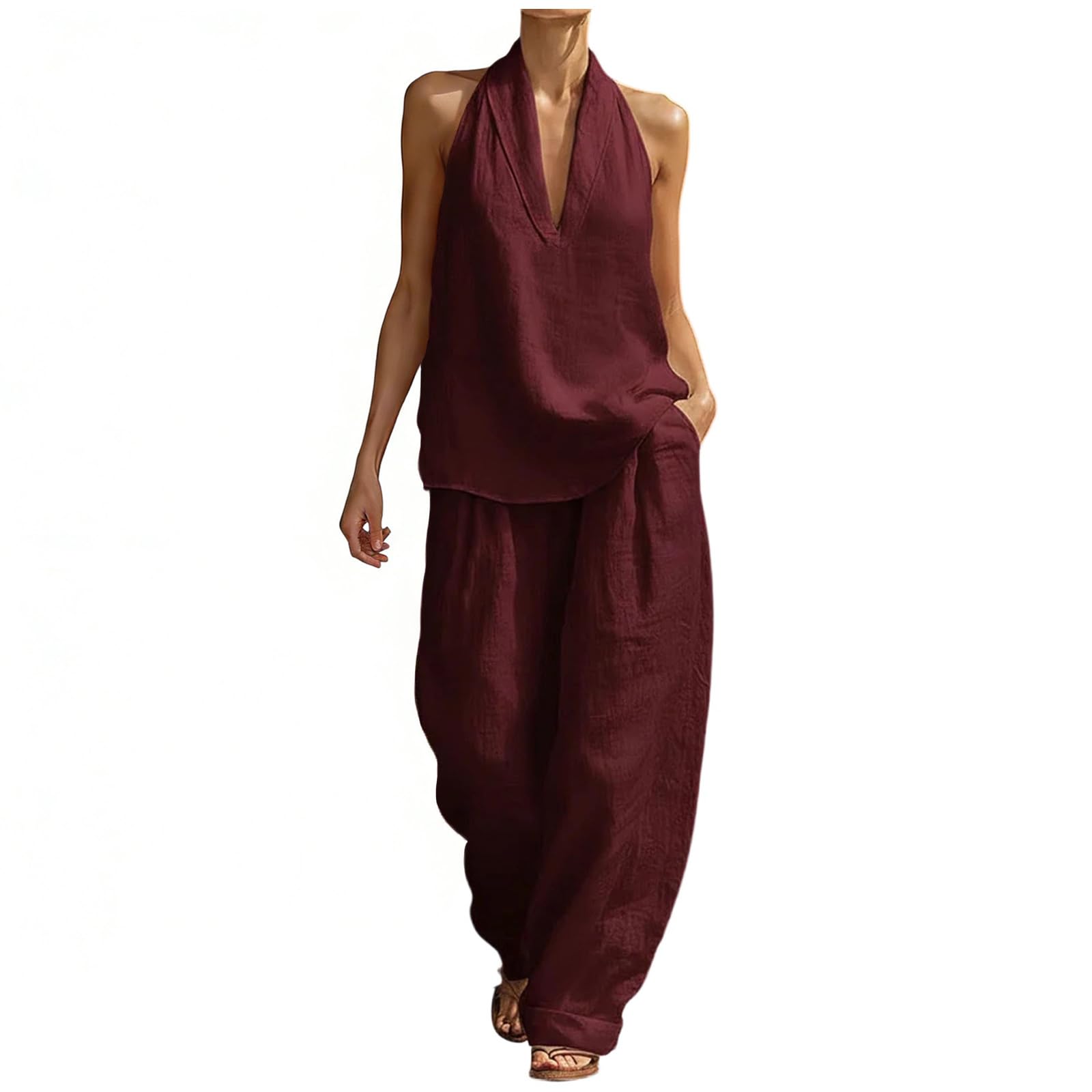 Ropa de Lino Mujer Verano Conjuntos 2 Piezas Suave No Transparente Top Cuello V y Pantalones Anchos Traje Casual Elegante Conjunto Playa Vacaciones Outfit Moda Primavera