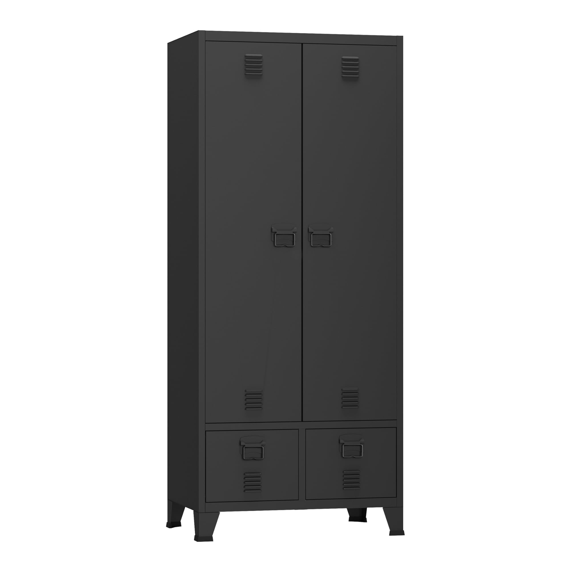 [en.casa] Armario Ropero Hankasalmi Armario Dormitorio Guardaropa 2 Puertas con Ranuras de Ventilación Perchero 4 Compartimentos Estantes Regulables 2 Cajones Acero 180 x 90 x 40 cm - Negro