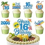 サマービーチプールケーキトッパーグリッタービーチ16歳ハッピーバースデーケーキトッパーココナッツカップケーキトロピカルハワイルアウテーマ16歳の誕生日パーティーケーキデコレーション用品 13個