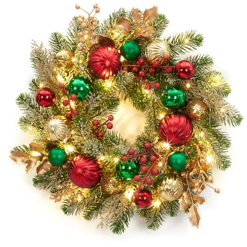 GarveeHome 16 Inch Prelit Christmas Wreath for Front Door, Artificial Xmas Wreath with Red Green Gold Ball Ornaments 30 Led Lights Battery Operated for Indoor Outside Fireplace Window Decor
