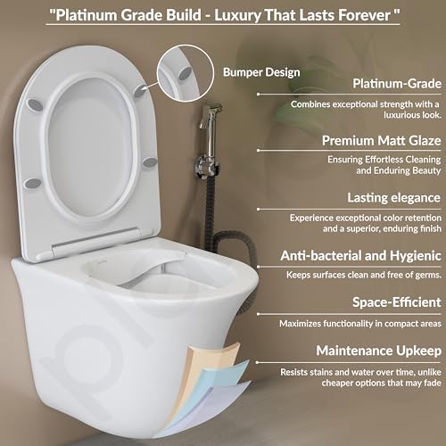 Image of Plantex Imported Ceramic Western Commode /Wall Hung Western Toilet /Rimless Washdown Commode for Bathroom with Soft Close Toilet Seat Cover - P Trap Outlet (1161 - Matt White)