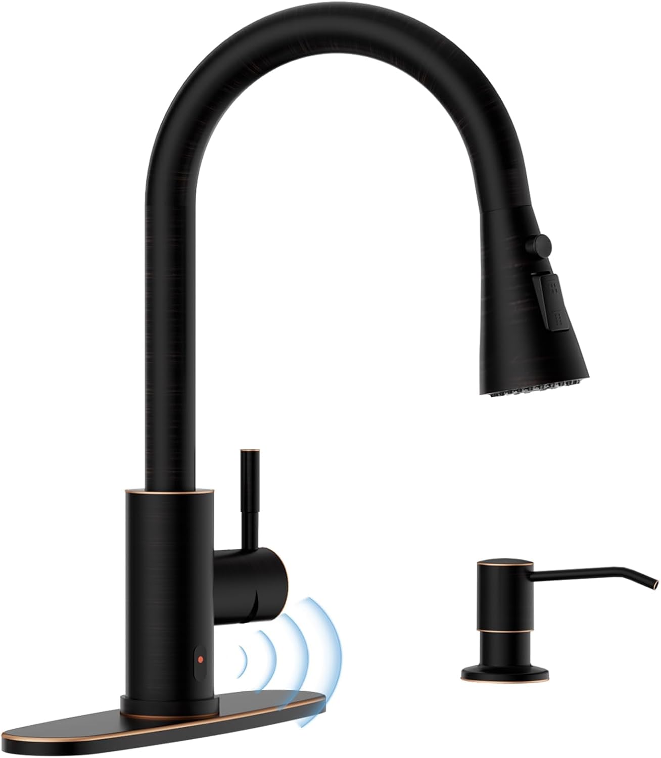 Touchless kitchen faucet with soap dispenser & pull-down sprayer