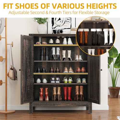 DWVO Farmhouse 5-Tier Shoe Cabinet with Doors and Adjustable Shelves, Self-Standing Wooden Shoes Organizer Rack with Non-Slip Pads, for Entryway, Hallway, Living Room, Dark Rustic Oak