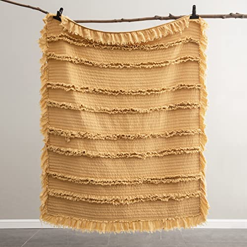 Ultra Soft Pre-Washed Quilted Throw Blanket, Ruffle Fringed Yellow Boho Decorative Throw, Stone Washed Chic Rustic Blanket For Sofa Couch Bed Chair, 50"X 60" #TOP5