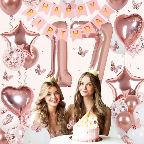 Image of Rose Gold 17th Birthday Decorations for Girl, 17 Year Old Sign with Happy Birthday Banner, 40In Number 17 Foil Birthday Balloons, Butterfly Decorations, Heart and Star Balloons