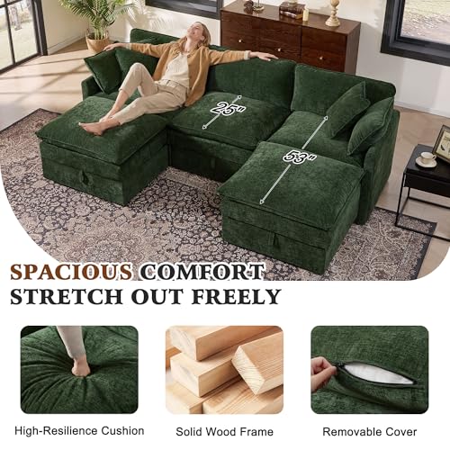 Image of Ihanherry 103 inch Modular Sectional Sofa with Storage, U Shaped Cloud Couch with Movable Ottomans & 4 Pillows, Chenille Deep Seat Sectional Couches for Living Room, Apartment (Green)