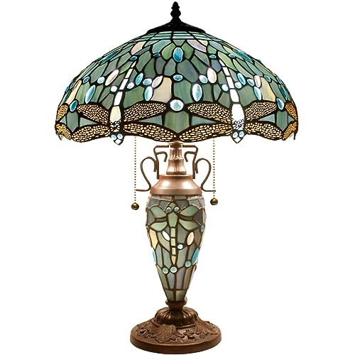 Image of WERFACTORY Tiffany Table Lamp Sea Blue Stained Glass Dragonfly Style Light