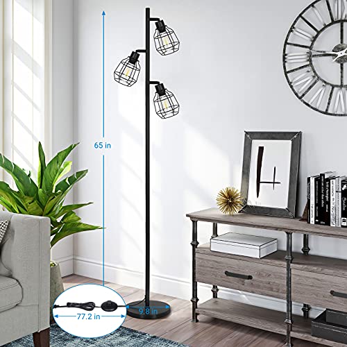 Edishine Tree Floor Lamp For Living Room, Industrial 3-Light Standing Lamp With 3 Led Bulbs, Adjustable Rotation Heads, E26 Base, Metal Shade, Farmhouse Rustic Reading Lamps For Bedroom Office Black #TOP4