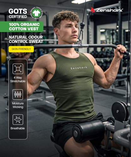 Image of ZENSHARK Gym Vest for Men | Sleeveless T Shirt Sando Tank Top | 2x2 Ribbed Cotton Lycra Ribbed Vest | Round Neck Slim Fit 4 Way Stretch | Sleeveless Gym T Shirt for Workout Training