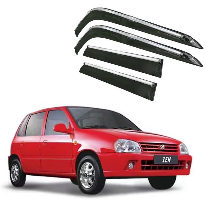 Image of CAR SAAZ Side Door Visors for Zen (1993-2003)(Set of 4 Pcs) | Chrome Lined Rain Guards, Polycarbonate, Smoke Finish
