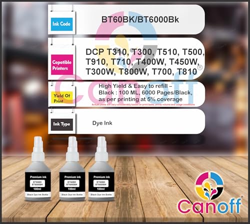 Image of CANOFF BT6000BK Black Ink Bottle (100ml) | High Yield Compatible Ink for DCP-T310,T300,T510,T500,T910,T710,T400W,T450W,T300W,T800W,T700,T810 Ink Tank Printers (BT6000BK /BT60BK Black 3pc.)
