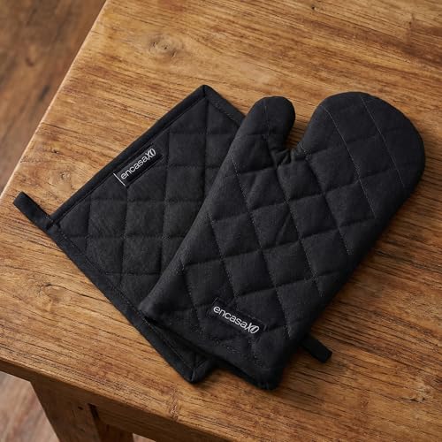 Image of Encasa XO Heat Resistant 100% Cotton Oven Glove & Potholder Set with Loop, Kitchen Cooking Mittens, Microwave Safe Hot Pads (Full Black)