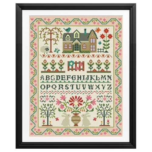Image of FREEBLOSS 11CT Stamped Cross Stitch Kits Folk Art House Pattern Cross Stitch Wall Painting Kit Embroidery Needlepoint Set for Beginners Adults 40x50cm /15.7x19.7inch