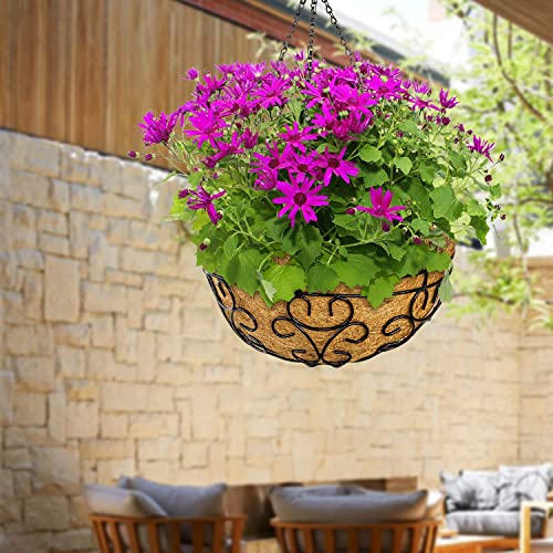 4 Pack 14Inch Metal Hanging Basket Planter For Flower Round Pot Holder Hanger Wire Metal With Coco Liner Chain Large Plant Decoration For Indoor Outdoor Home Decor Patio Garden Deck (Pea Shape) #TOP4