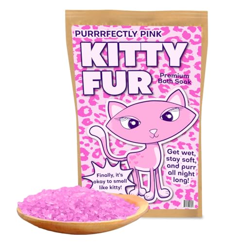 Pink Kitty Fur Bath Soak Weird Gag Gifts for Crazy Cat Ladies Spa Gift Basket Womens Stocking Stuffers White Elephant Ideas, Rose Scent Premium Bath Salts
