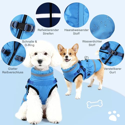 Poseca Hundemantel mit Geschirr wasserdichte Hundejacke Reflektierend und mit Reißverschluss Schneeanzug für Kleine und Mittelgroße Hunde