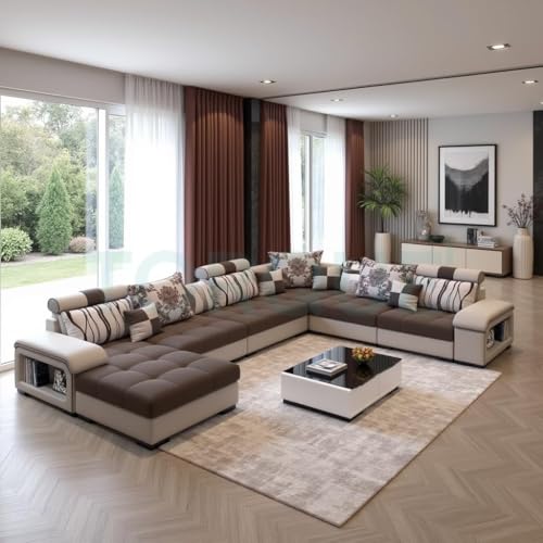 Image of Torque Silvester 12 Seater Sofa Set for Living Room (Brown) | Interchangeable U Shape Sectional Sofa | Solid Wood Frame & High-Density Supersoft Foam | Includes Puffy & Stool | Modern Home Furniture