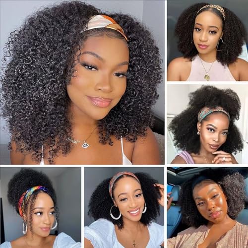 Image of Punmasa Kinky Curly Headband Wig Human Hair 180% Density Glueless Wigs for Black Women 10A Afro Kinky Curly None Lace Front Wig Real Human Hair Natural Curls 12 Inch