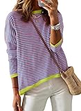 Dokotoo Womens Crewneck Sweaters Casual Long Sleeve Shirts for Women Trendy 2026 Color Block Striped High Low Spring Pullover Tops Clothing Green Small
