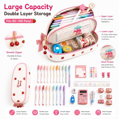 Image of Cute Kawaii Strawberry Pencil Case for Girls - Large Capacity Double Layer PU Leather Pencil Pouch & Stationery Organizer for Aesthetic School Supplies, Travel, Office & Gifts