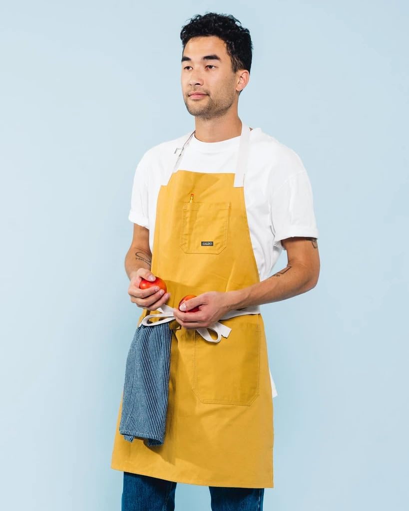 Caldo Daily Cotton Kitchen Apron for Cooking- Mens and Womens Professional Chef or Server Bib Apron - Adjustable Straps with Pockets and Towel Loop (Mustard) - Image 4