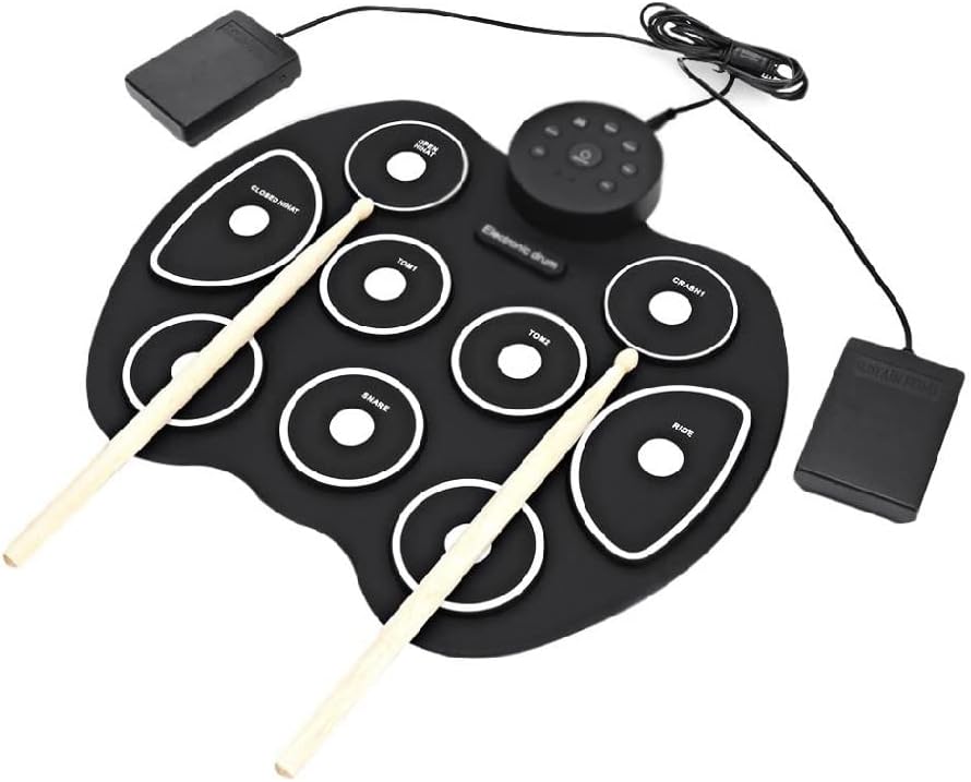 Portable Electronic 9 Drum Pad Can Be Rolled Up Drum with Drumsticks and Sustain Pedal for Children and Students to Practice Drums (Color : White)