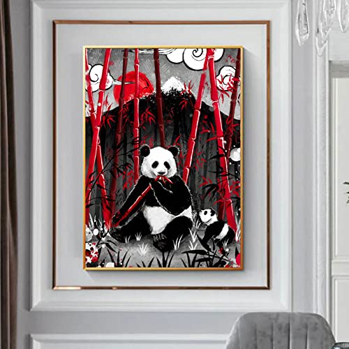 Peinture à l'huile grand format pour salon zen : bambou rouge et panda - 3