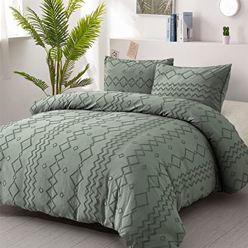 Green Tufted Duvet Cover Set Queen Size (90 X 90 Inches), Shabby Chic Boho Bedding Set Sage Embroidery Textured 3 Pieces, Soft Microfiber Lightweight Comforter Cover #TOP1
