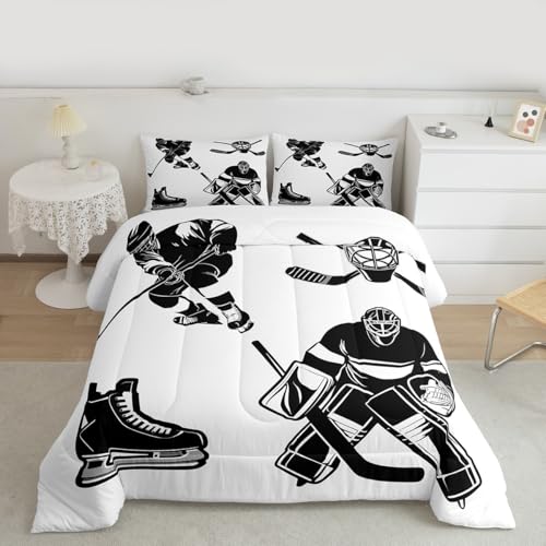 Erosebridal Juego de edredón de hockey sobre hielo, juego de ropa de cama de jugador de hockey sobre hielo, juego de edredón de juego de deportes de invierno, juego de edredón negro y blanco, edredón